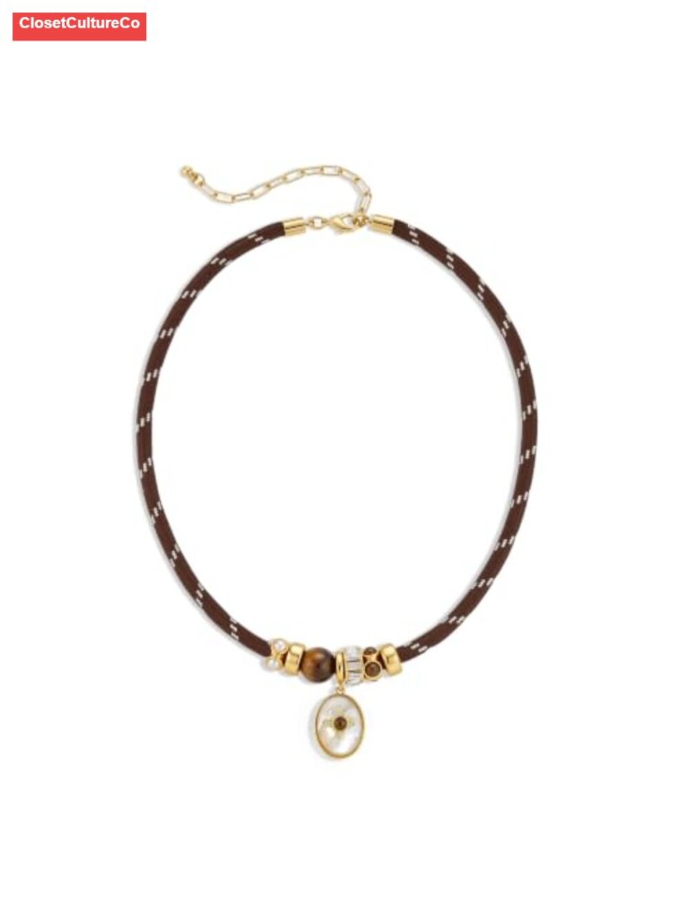 Paracord Rope Choker Pendant Necklace with Tiger Eye Shell Gold Plated